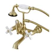 Kingston Brass Aqua Vintage Wall Mounted Tub Filler with Built-In Diverter – Includes Hand Shower Brushed Brass