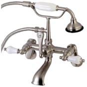 Kingston Brass Aqua Vintage Wall Mounted Clawfoot Tub Filler with Built-In Diverter - Includes Hand Shower Brushed Nickel