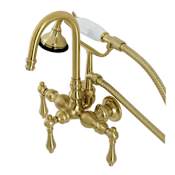 Kingston Brass Aqua Vintage Wall Mounted Clawfoot Tub Filler with Built-In Diverter – Includes Hand Shower Brushed Brass