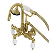 Kingston Brass Aqua Vintage Wall Mounted Clawfoot Tub Filler with Built-In Diverter – Includes Hand Shower Brushed Brass
