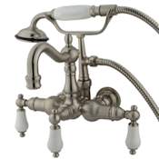 Kingston Brass Vintage Wall Mounted Clawfoot Tub Filler with Personal Hand Shower and Porcelain Lever Handles Brushed Nickel