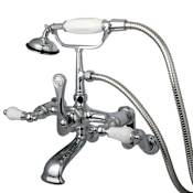 Kingston Brass Vintage Wall Mounted Clawfoot Tub Filler with Personal Hand Shower and Porcelain Lever Handles Polished Chrome