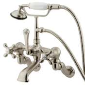 Kingston Brass Vintage Wall Mounted Clawfoot Tub Filler with Personal Hand Shower and Metal Cross Handles Brushed Nickel
