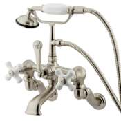 Kingston Brass Vintage Wall Mounted Clawfoot Tub Filler with Personal Hand Shower and Porcelain Cross Handles Brushed Nickel
