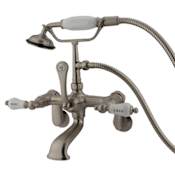 Kingston Brass Vintage Wall Mounted Clawfoot Tub Filler with Personal Hand Shower and Porcelain Lever Handles Brushed Nickel