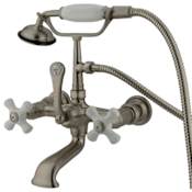 Kingston Brass Vintage Wall Mounted Clawfoot Tub Filler with Personal Hand Shower and Porcelain Cross Handles Brushed Nickel