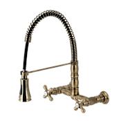 Kingston Brass Heritage 1.8 GPM Wall Mounted Widespread Bridge Pull Down Kitchen Faucet Antique Brass