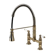 Kingston Brass Heritage 1.8 GPM Deck Mounted Bridge Pull Down Double Handle Kitchen Faucet Antique Brass