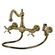 Kingston Brass Millennium 1.8 GPM Wall Mounted Widespread Bridge Kitchen Faucet - Includes Side Spray Antique Brass