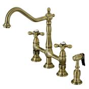 Kingston Brass Heritage 1.8 GPM Widespread Bridge Kitchen Faucet - Includes Escutcheon and Side Spray Antique Brass