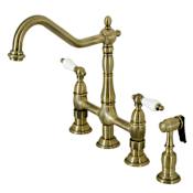 Kingston Brass Heritage 1.8 GPM Widespread Bridge Kitchen Faucet - Includes Escutcheon and Side Spray Antique Brass