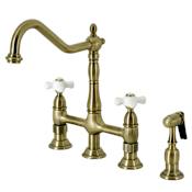Kingston Brass Heritage 1.8 GPM Widespread Bridge Kitchen Faucet - Includes Escutcheon and Side Spray Antique Brass