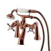 Kingston Brass Essex Deck Mounted Cross Handle Tub Filler with Built-In Diverter - Includes Hand Shower Antique Copper