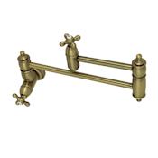 Kingston Brass Restoration 3.8 GPM Wall Mounted Double Handle Pot Filler Faucet with Metal Cross Handles Antique Brass