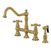 Kingston Brass Restoration 1.8 GPM Widespread Bridge Kitchen Faucet - Includes Escutcheon and Side Spray Brushed Brass