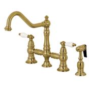 Kingston Brass Restoration 1.8 GPM Widespread Bridge Kitchen Faucet - Includes Escutcheon and Side Spray Brushed Brass