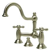 Kingston Brass Restoration 1.2 GPM Bridge, Widespread Bathroom Faucet with Pop-Up Drain Assembly Brushed Nickel
