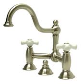 Kingston Brass Restoration 1.2 GPM Bridge, Widespread Bathroom Faucet with Pop-Up Drain Assembly Brushed Nickel