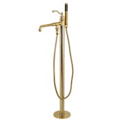 Kingston Brass English Country Floor Mounted Tub Filler with Built-In Diverter - Includes Hand Shower Brushed Brass