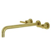Kingston Brass Manhattan Wall Mounted Roman Tub Filler with Round Escutcheons with 13-3/16" Spout Reach Brushed Brass