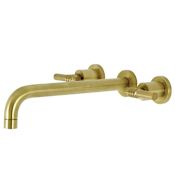 Kingston Brass Milano Wall Mounted Roman Tub Filler with 11-3/16" Spout Reach and Round Escutcheons Brushed Brass