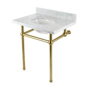 Kingston Brass Addington 30" Rectangular Brass, Marble Console Bathroom Sink with Overflow and 3 Faucet Holes at 8" Centers Marble White / Brushed Brass