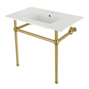 Kingston Brass Addington 37-3/8" Rectangular Brass, Ceramic Console Bathroom Sink with Overflow and 3 Faucet Holes at 8" Centers White / Brushed Brass