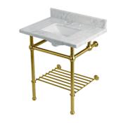 Kingston Brass Templeton 30" Rectangular Brass, Marble Console Bathroom Sink with Overflow and 3 Faucet Holes at 8" Centers Carrara Marble / Brushed Brass