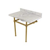Kingston Brass Templeton 36" Rectangular Brass, Ceramic, Marble Console Bathroom Sink with Overflow and 3 Faucet Holes at 8" Centers Carrara Marble / Brushed Brass