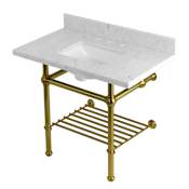 Kingston Brass Templeton 36" Rectangular Brass, Marble Console Bathroom Sink with Overflow and 3 Faucet Holes at 8" Centers Carrara Marble / Brushed Brass