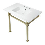 Kingston Brass Monarch 37-3/8" Rectangular Ceramic, Stainless Steel, and Wall Mounted Bathroom Sink with Overflow and 3 Faucet Holes at 8" Centers White / Brushed Brass