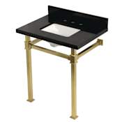 Kingston Brass Monarch 30" Rectangular Granite, Stainless Steel Console Bathroom Sink with Overflow and 3 Faucet Holes with 8" Centers Black Granite / Brushed Brass