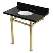 Kingston Brass Monarch 36" Rectangular Granite, Stainless Steel Console Bathroom Sink with Overflow and 3 Faucet Holes with 8" Centers Black Granite / Brushed Brass