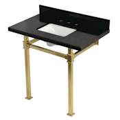 Kingston Brass Monarch 36" Rectangular Granite, Stainless Steel Console Bathroom Sink with Overflow and 3 Faucet Holes with 8" Centers Black Granite / Brushed Brass