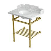 Kingston Brass Pemberton 30" Rectangular Brass, Marble, Stainless Steel Console Bathroom Sink with Overflow and 3 Faucet Holes at 8" Centers Marble White / Brushed Brass