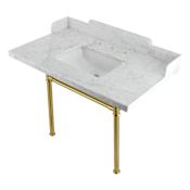 Kingston Brass Wesselman 36" Rectangular Marble, Stainless Steel Console Bathroom Sink with Overflow and 3 Faucet Holes at 8" Centers Marble White / Brushed Brass