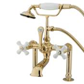 Kingston Brass Vintage Deck Mounted Clawfoot Tub Filler with Personal Hand Shower and Porcelain Cross Handles Polished Brass