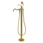 Kingston Brass English Country Floor Mounted Tub Filler with Built-In Diverter - Includes Hand Shower Brushed Brass
