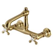 Kingston Brass English Country 1.2 GPM Wall Mounted Bridge, Widespread Bathroom Faucet Brushed Brass