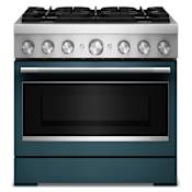 KitchenAid 36 Inch Wide Free Standing, Slide In Dual Fuel Range with Ultra Power Dual-Flame Burners and Even-Heat True Convection Agave