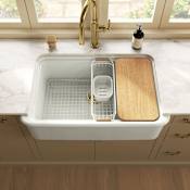Kohler Audrine by Studio McGee 35-1/2" Farmhouse Workstation Single Basin Fireclay Kitchen Sink with Basin Rack, Colander and Cutting Board Dune