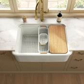 Kohler Audrine by Studio McGee 32-1/2" Farmhouse Workstation Single Basin Fireclay Kitchen Sink with Basin Rack, Colander and Cutting Board Dune