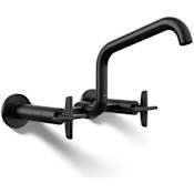Kohler Billet 1.5 GPM Wall Mounted Widespread Bridge Kitchen Faucet with Dual Cross Handles Matte Black