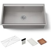 Kohler Tempered 32-1/4" Undermount Single Basin Stainless Steel Workstation Kitchen Sink with Walnut Cutting Board, Knife Holder, Drying Rack, and Bottom Sink Rack Stainless Steel