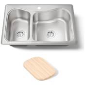 Kohler Staccato 33" Double Basin Drop In 18-Gauge Stainless Steel Kitchen Sink with SilentShield, Cutting Board, and Single Faucet Hole Stainless Steel