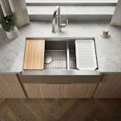 Kohler Strive 35-1/2" Farmhouse Smart Divide Double Basin Stainless Steel Kitchen Sink with Colander, Cutting Board, Drain Board, and Basin Rack Stainless Steel