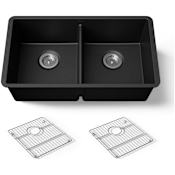 Kohler Billings 32-1/2" Undermount Double Basin Stone Composite Kitchen Sink with Basin Rack Matte Black