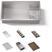 Kohler Synthos 33-3/4" Undermount Single Basin Stainless Steel Kitchen Sink with Basin Rack, Colander, Cutting Board, and Basket Strainer Stainless Steel