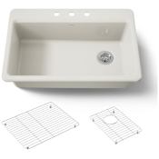 Kohler Riverby 33" Drop In Single Basin Cast Iron Kitchen Sink with Two Basin Racks and Three Predrilled Holes Biscuit
