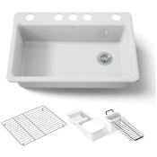 Kohler Riverby 33" Undermount Single Basin Enameled Cast Iron Workstation Kitchen Sink with Basin Rack, Colander, Cutting Board, and Utility Rack White